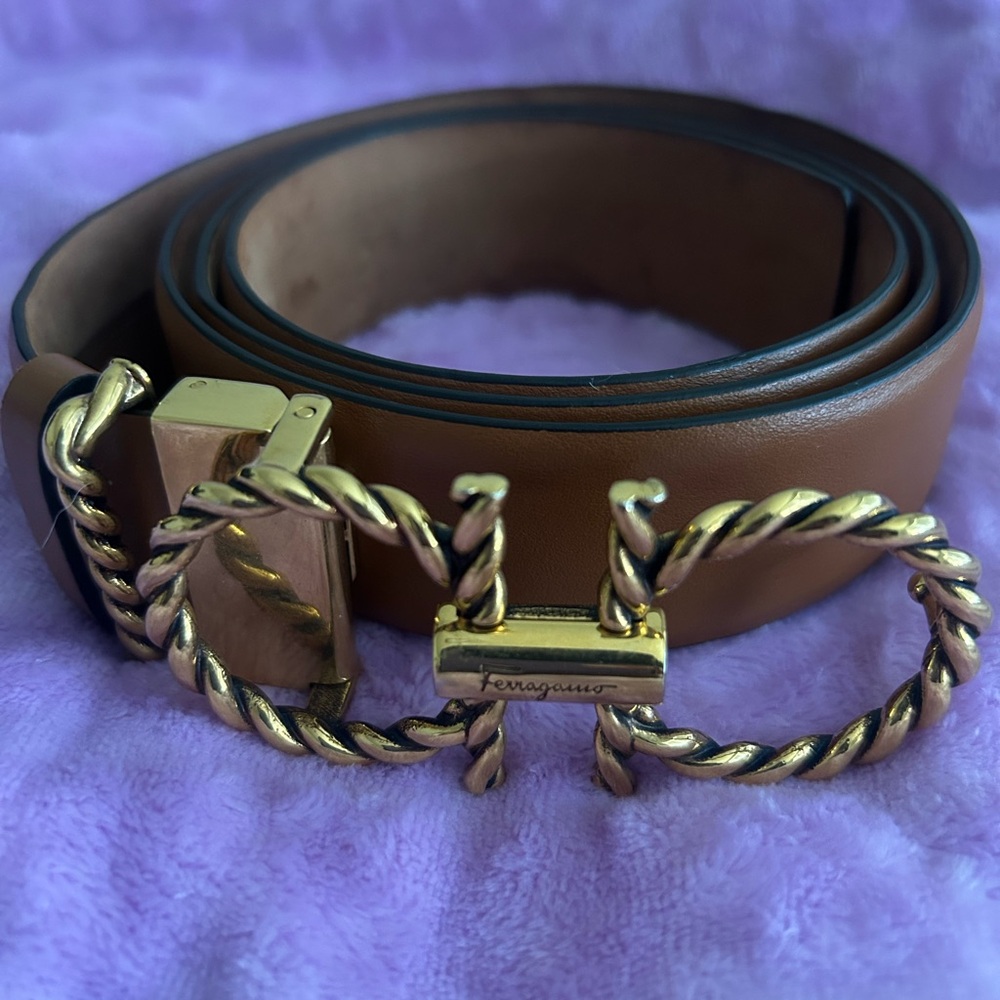 Salvatore Ferragamo Tan Leather Belt with Gold Twisted Buckle